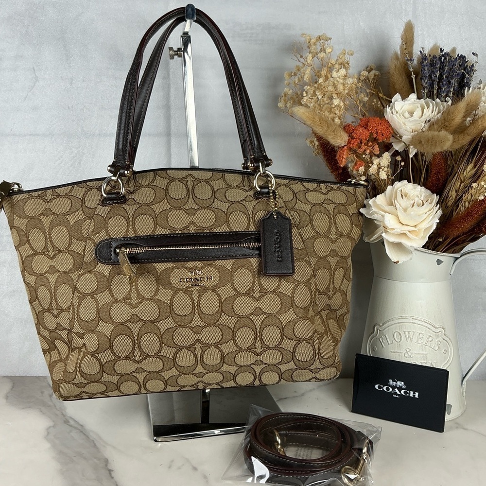 Coach Prairie Hand Fall Bag Khaki Brown Tan Jacquard Signature Crossbody Satchel - Picture 2 of 15